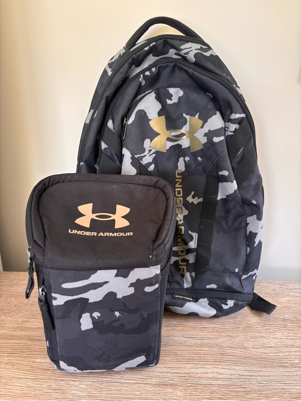 Under Armour Black & Gray Camo Backpack with lunch box.